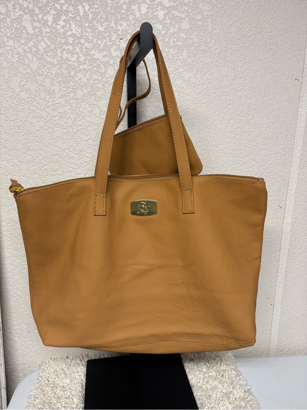 Joy Mangano Camel Leather Tote with Gold Plaque